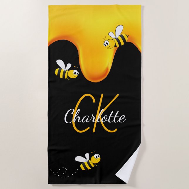 Bumble bees honey dripping monogram black golden beach towel (Front)