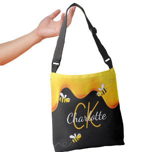 Bumble bees honey dripping monogram black golden crossbody bag