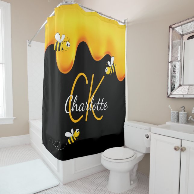 Bumble bees honey dripping monogram black golden shower curtain (In Situ)