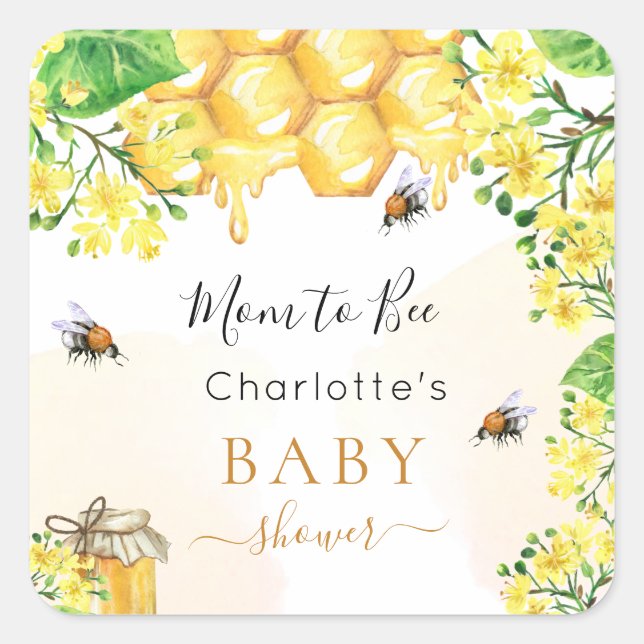 Bumble bees honey yellow florals Baby Shower Square Sticker (Front)