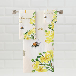 Bumble bees honey yellow florals business logo bath towel set