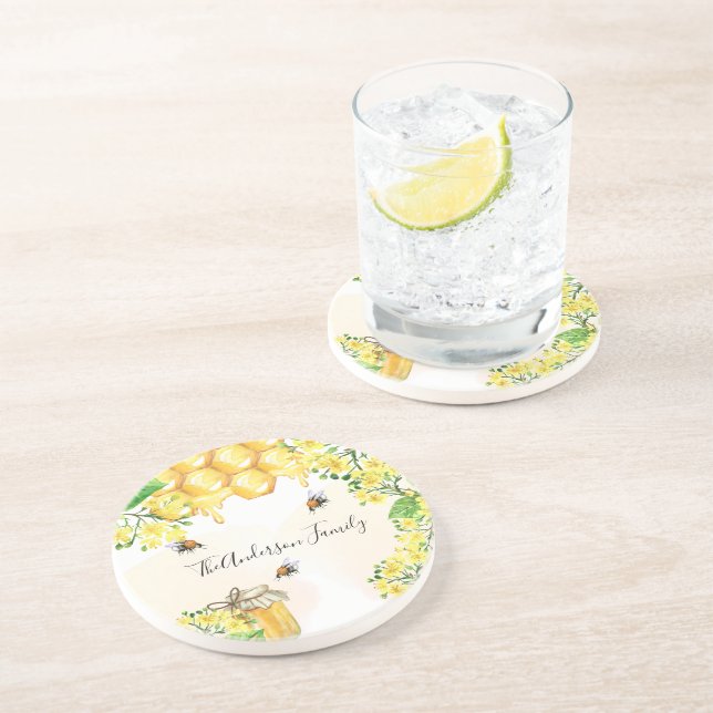 Bumble bees honey yellow florals family monogram coaster (Side)
