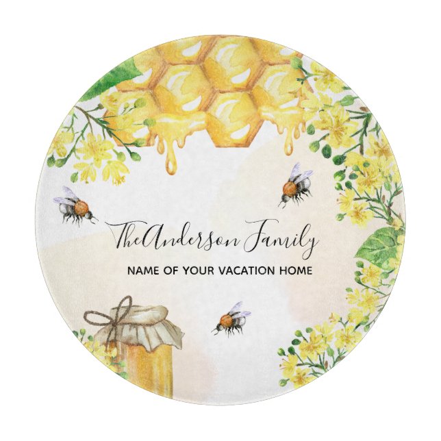 Bumble bees honey yellow florals family monogram cutting board (Front)