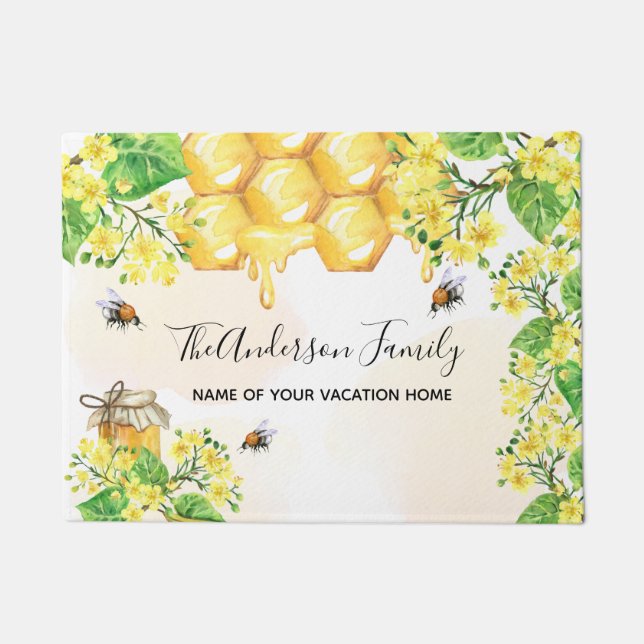 Bumble bees honey yellow florals family monogram doormat (Front)