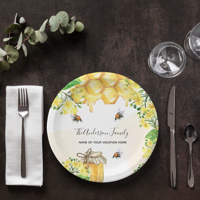 Bumble bees honey yellow florals family monogram  paper plate (Creator Uploaded)