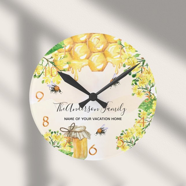 Bumble bees honey yellow florals family monogram round clock (Creator Uploaded)