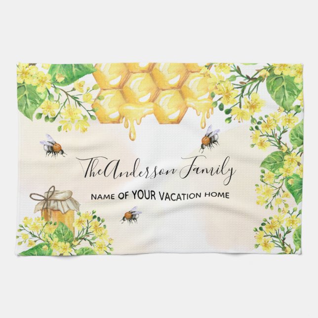 Bumble bees honey yellow florals family monogram tea towel (Horizontal)