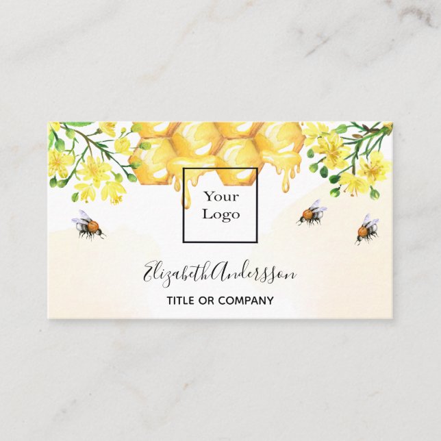 Bumble bees honey yellow florals logo business card (Front)