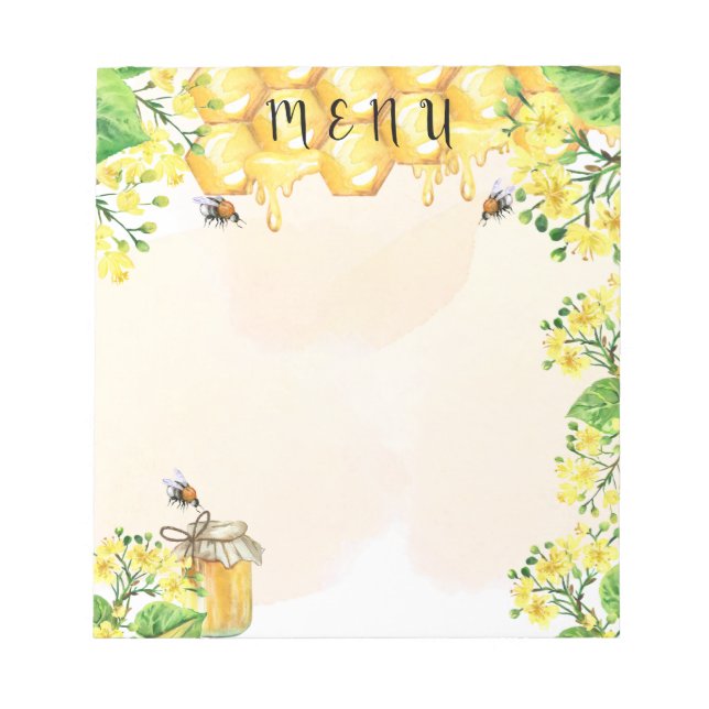 Bumble bees honey yellow florals menu notepad (Front)