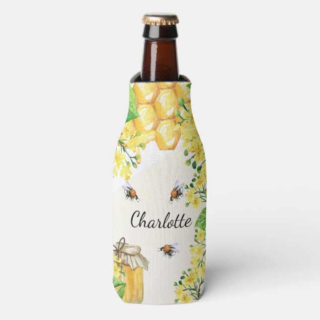 Bumble bees honey yellow florals monogram bottle cooler (Bottle Front)
