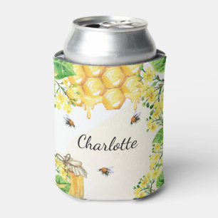Bumble bees honey yellow florals monogram can cooler