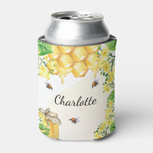 Bumble bees honey yellow florals monogram can cooler (Can Front)
