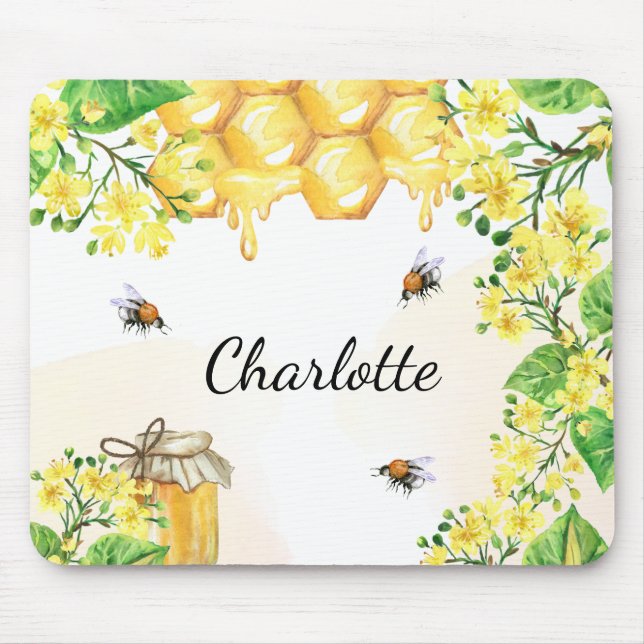 Bumble bees honey yellow florals monogram mouse mat (Front)