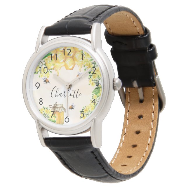 Bumble bees honey yellow florals monogram name watch (Angled)