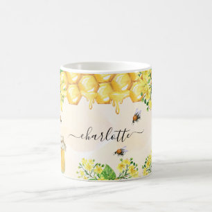 Bumble bees honey yellow florals name script coffee mug