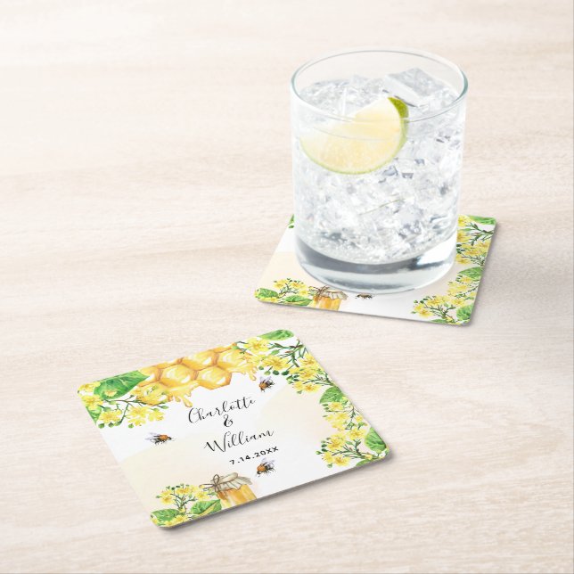 Bumble bees honey yellow florals wedding square paper coaster (Insitu)
