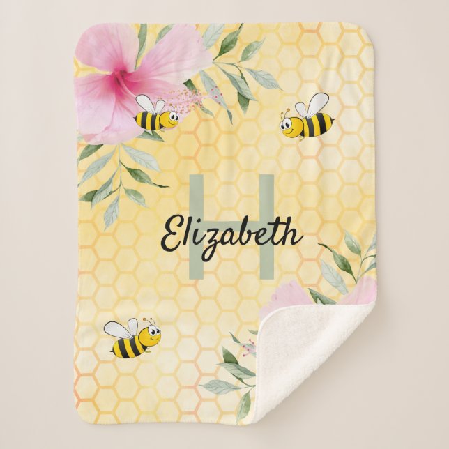 Bumble bees honeycomb florals tropical pink name sherpa blanket (Front)
