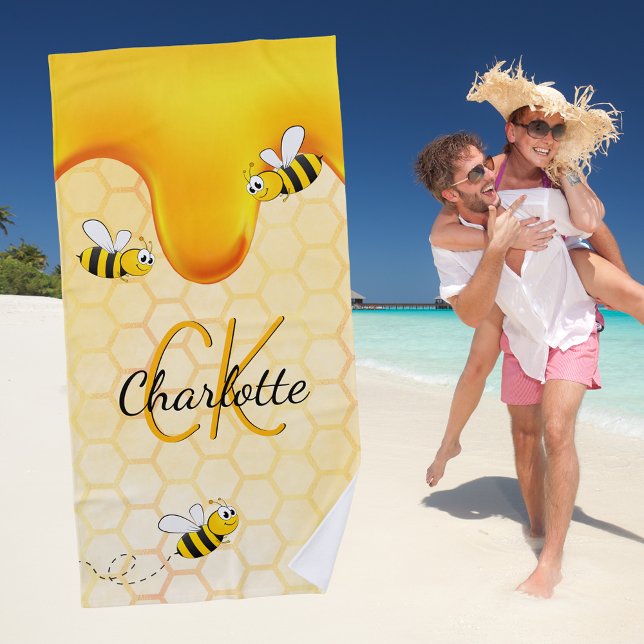 Bumble bees honeycomb honey dripping monogram beach towel (Creator Uploaded)