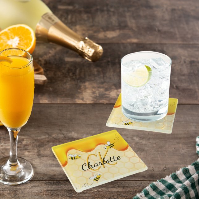 Bumble bees honeycomb honey dripping monogram glass coaster (Creator Uploaded)
