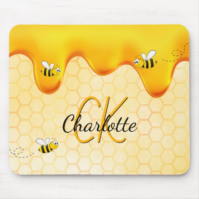 Bumble bees honeycomb honey dripping monogram mouse mat (Front)