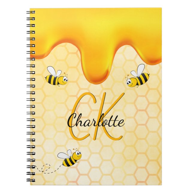 Bumble bees honeycomb honey dripping monogram notebook (Front)
