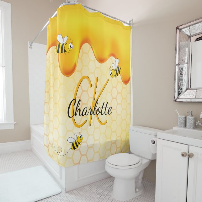 Bumble bees honeycomb honey dripping monogram shower curtain (In Situ)