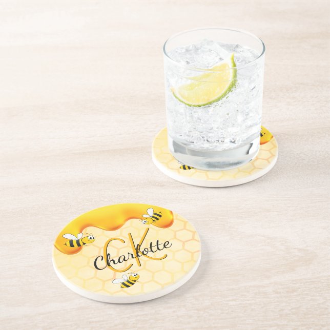 Bumble bees honeycomb honey drips monogram sweet coaster (Side)