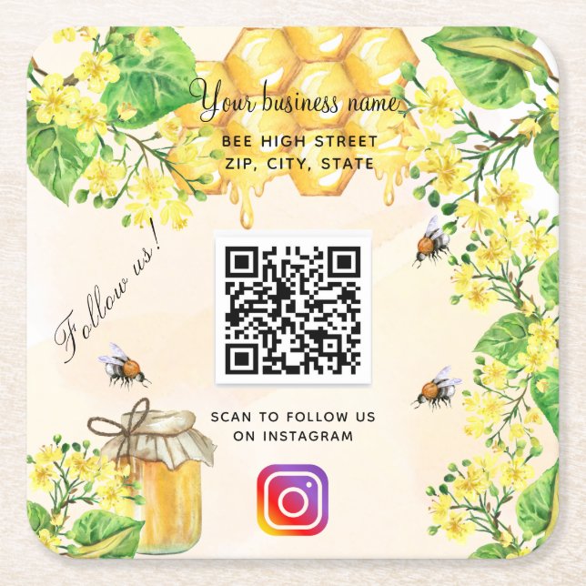 Bumble bees yellow floral business social media square paper coaster (Front)