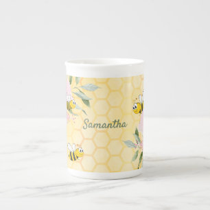 Bumble bees yellow honeycomb floral name bone china mug