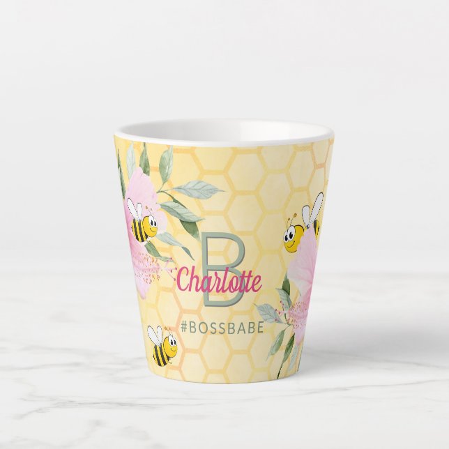 Bumble bees yellow honeycomb pink bossbabe latte mug (Front)