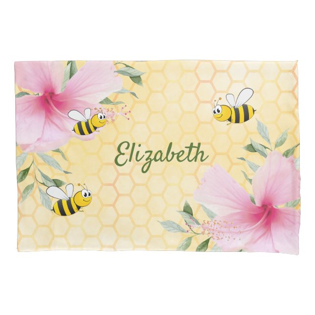 Bumble bees yellow honeycomb pink floral name pillowcase (Front)