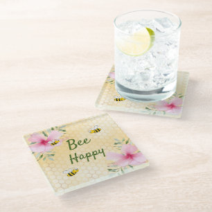 Bumble bees yellow honeycomb pink florals glass coaster