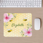 Bumble bees yellow honeycomb pink florals name mouse mat<br><div class="desc">Yellow,  white background with a honeycomb pattern. Decorated with pink tropical florals flowers,  hibiscus and happy bumble bees. Your name written with a green hand lettered style script. Perfect for your summer home work space,  office!</div>