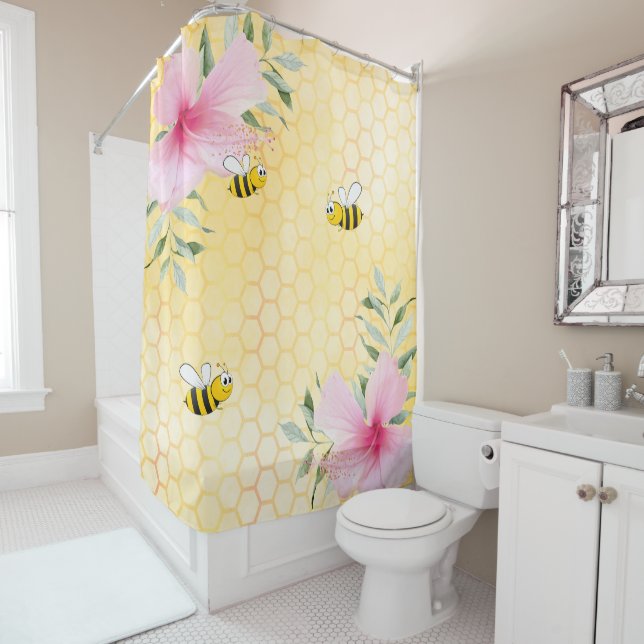 Bumble bees yellow honeycomb pink florals shower curtain (In Situ)
