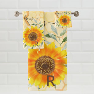 Bumble bees yellow sunflower floral monogram bath towel set