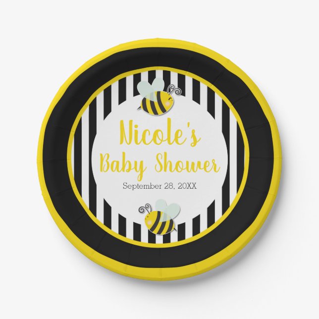 Bumble Black White Yellow Bee Theme Baby Shower Paper Plate (Front)