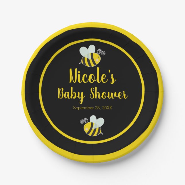 Bumble Black & Yellow Bee Theme Baby Shower Paper Plate (Front)