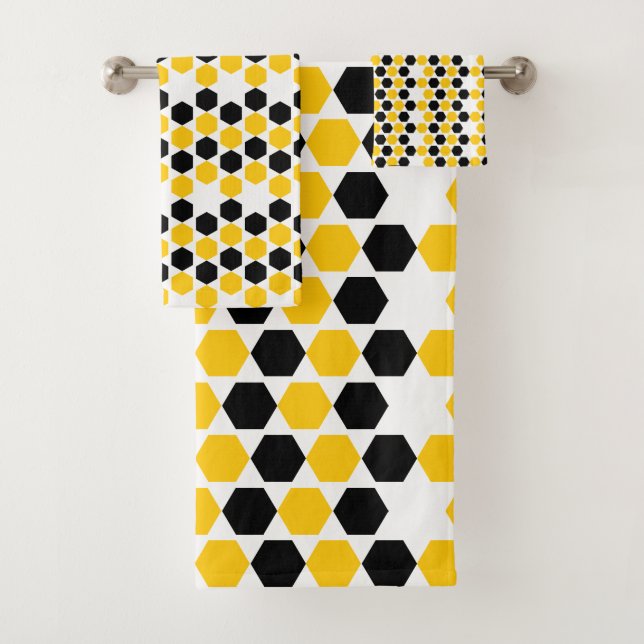 Bumble Black Yellow Geometric Hexagram Hex Pattern Bath Towel Set (Insitu)