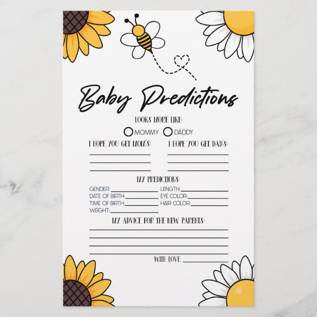 Bumble Honey Bee Baby Shower Predictions Activity Stationery (Front)