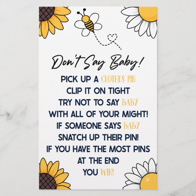 Bumble Honey Bee Don't Say Baby Shower Game Stationery (Front)