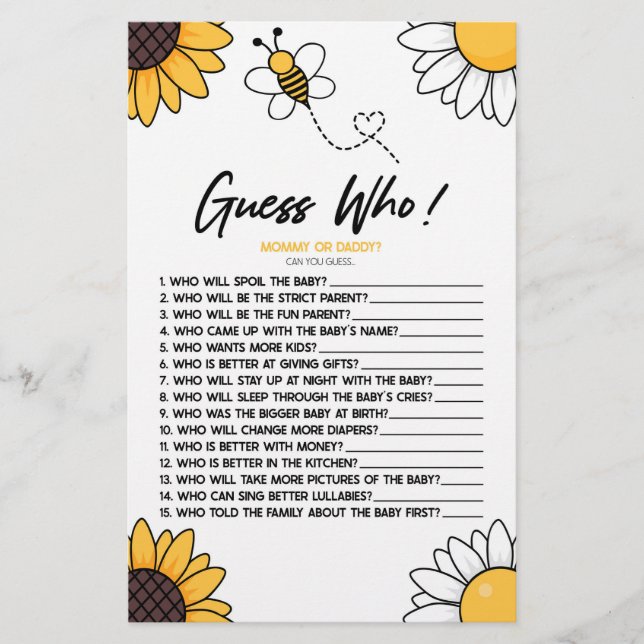 Bumble Honey Bee Guess Who! Baby Shower Game Stationery (Front)