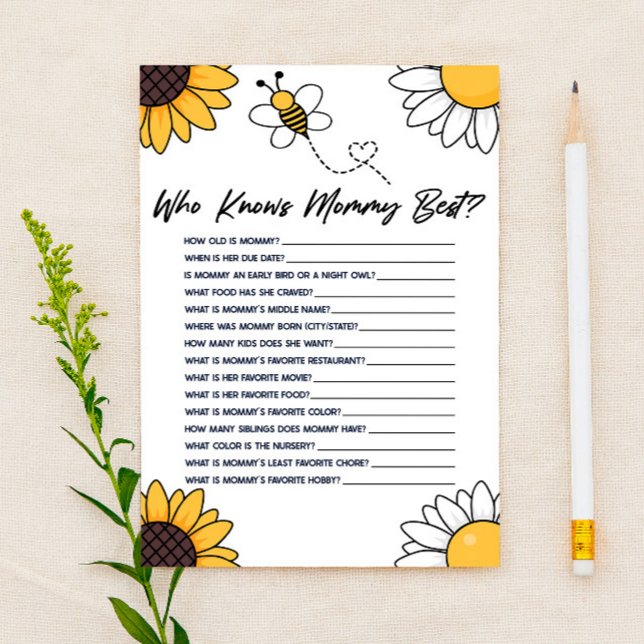 Bumble Honey Bee Who Knows Mummy Baby Shower Game Stationery (Creator Uploaded)