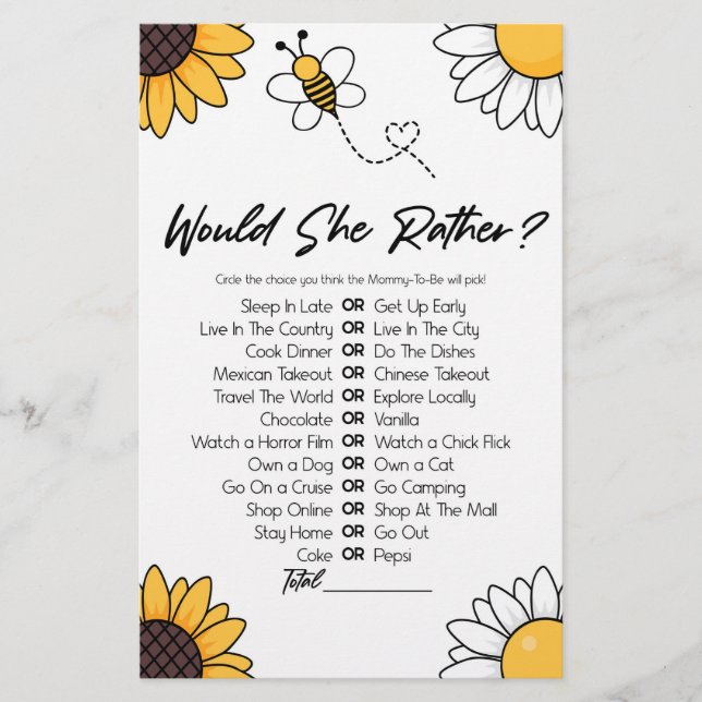 Bumble Honey Bee Would She Rather Baby Shower Game Stationery (Front)