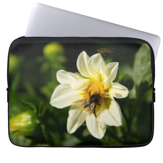 Bumblebee and white dahlia photo laptop sleeve (Front)