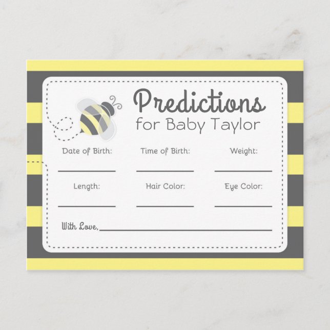 Bumblebee Baby Shower Predictions yellow and black Invitation Postcard (Front)