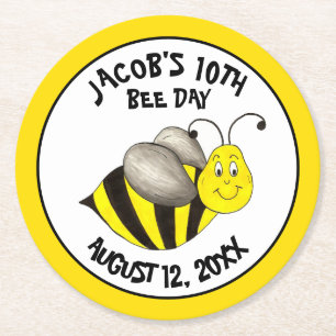 Bumblebee Bee-Day Personalised Birthday Party Round Paper Coaster
