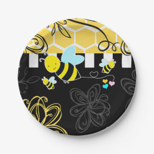 Bumblebee Black & Yellow Baby Shower Modern Chic Paper Plate