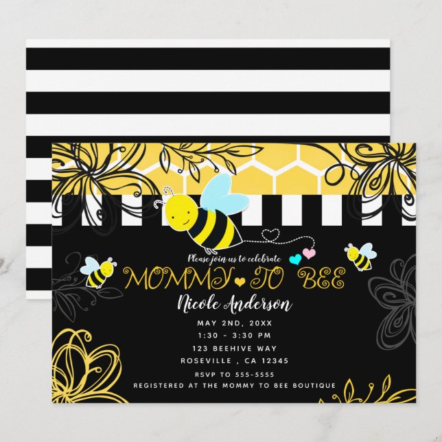 Bumblebee Black & Yellow Baby Shower Mummy to BEE Invitation (Front/Back)