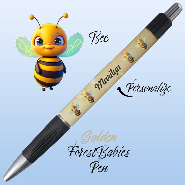 Bumblebee, Cute Bee Design, Honeybee Golden 🐝  (Cute Whimsical Bee Cartoon Graphic, Gold Personalizable ForestBabies Pen 🐝)
