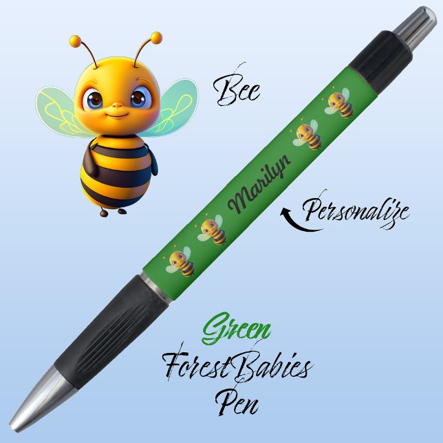 Bumblebee, Cute Fun Gift, Honey bee Graphic Green (Cute Whimsical Bee Cartoon Graphic, Green Personalizable ForestBabies Pen 🐝)